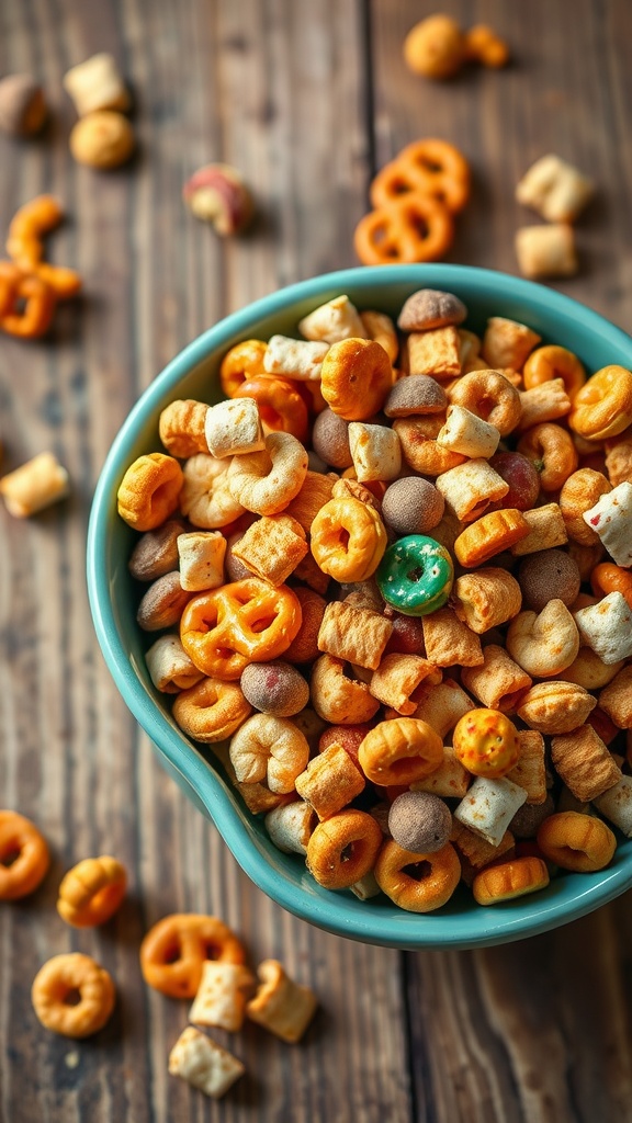 A bowl of crispy snack mix with nuts, pretzels, and cereal on a wooden table.